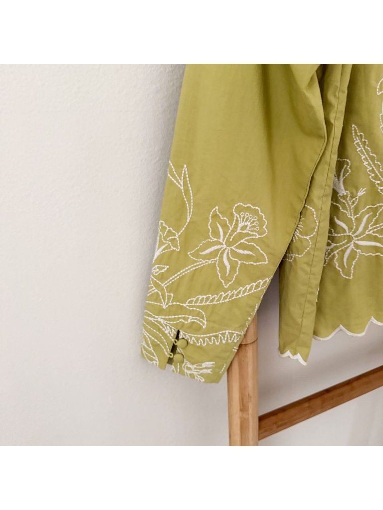 Nwot Rue Stiic S Embroidered Cotton Button Front Blouse Olive Green Scalloped — image 7 of 8